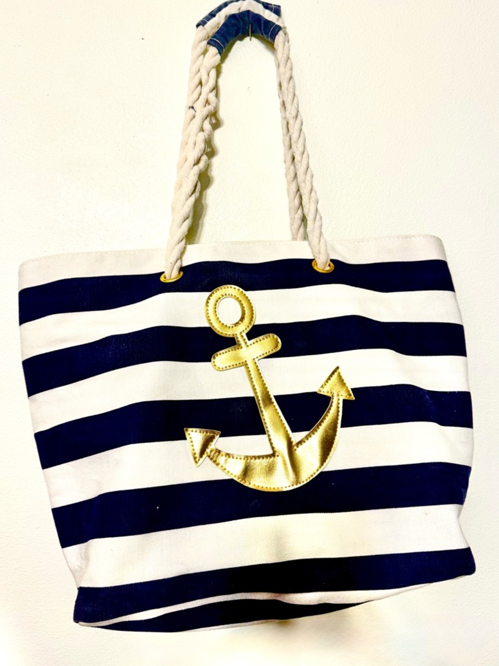 Nautical Stripe Anchor Tote Bag - White & Navy with Gold Accent